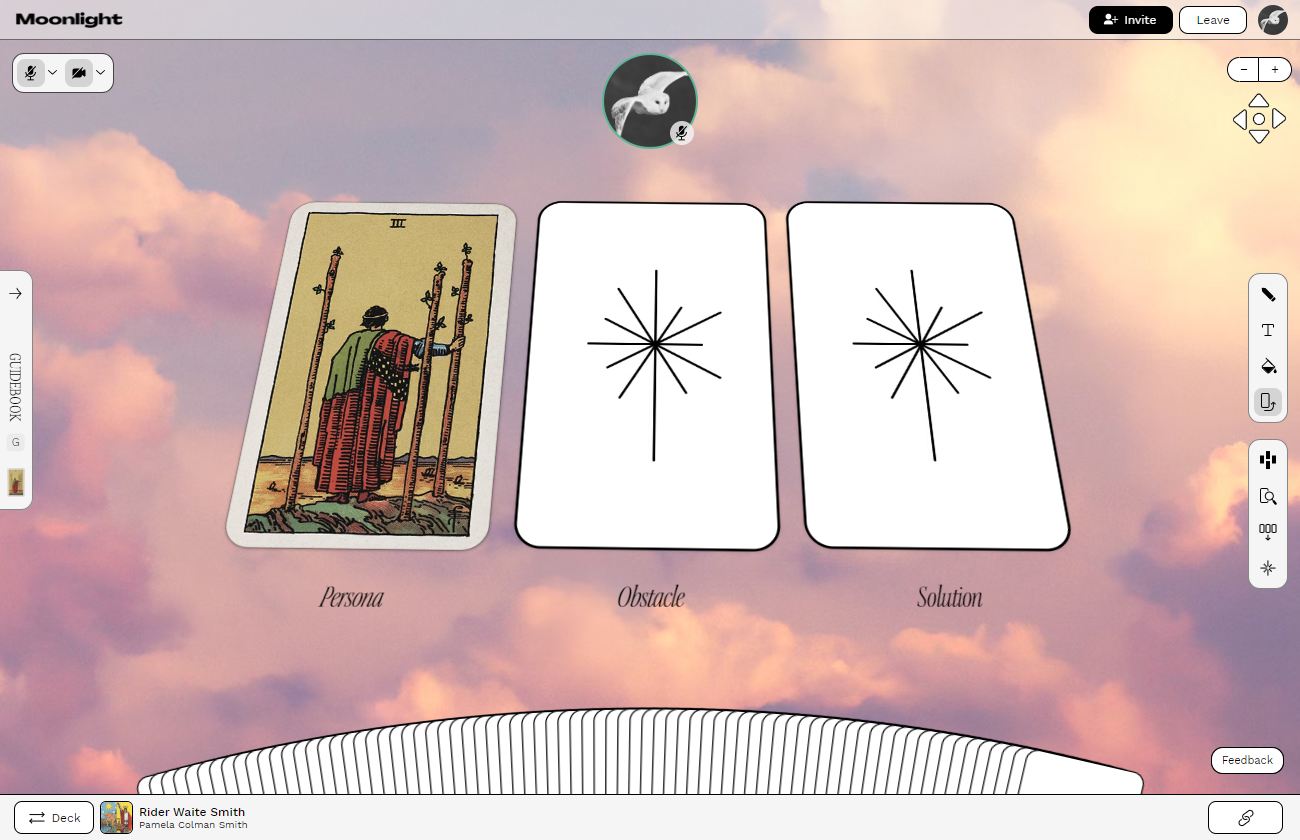 Screenshot of the Moonlight platform "room" where three tarot cards are displayed.