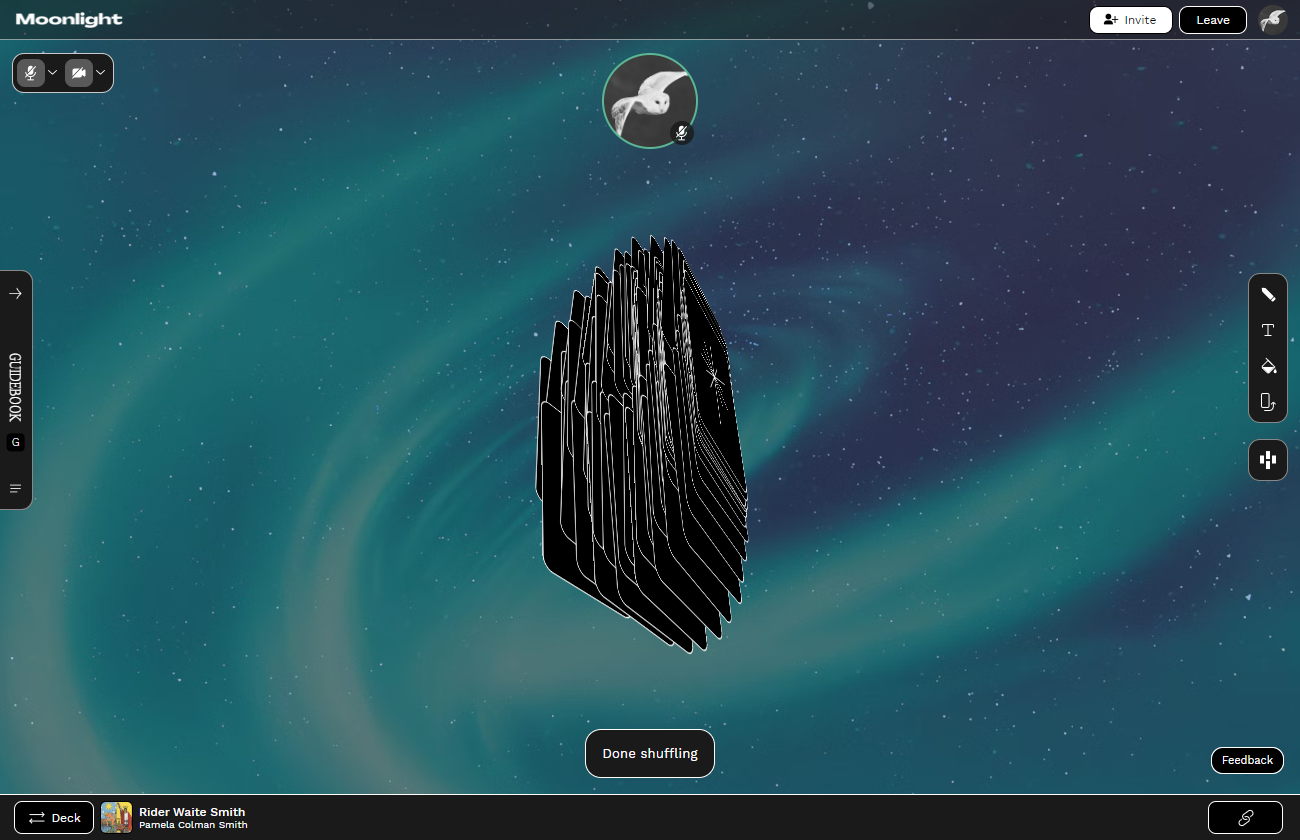 Screenshot of the Moonlight platform's virtual shuffling of the cards.